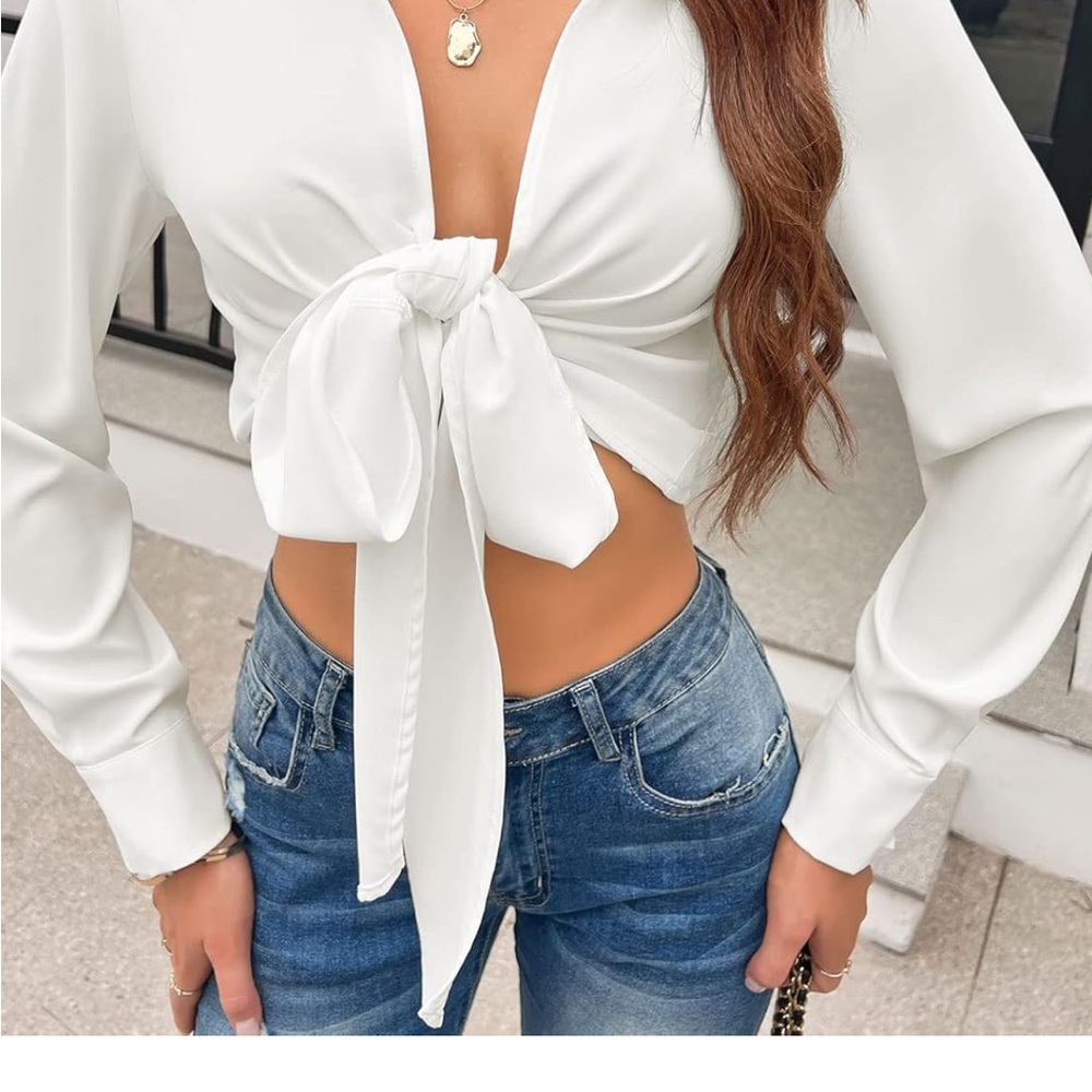 Madrag Long Sleeve Deep V Neck Tie Front Knot Crop Top Solid Sexy Wrap Blouse